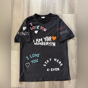 Kenzo Black Tee with Colorful Text and Heart Accents
